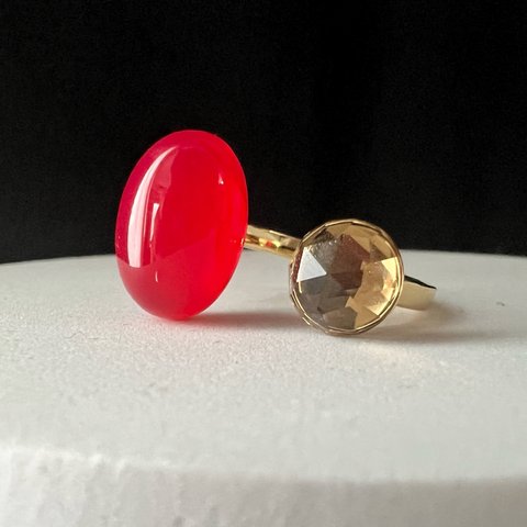 【JORIE】DESERT RING フューシャピンクカルセドニー×スモーキークォーツのフォークリング　サージカルステンレス