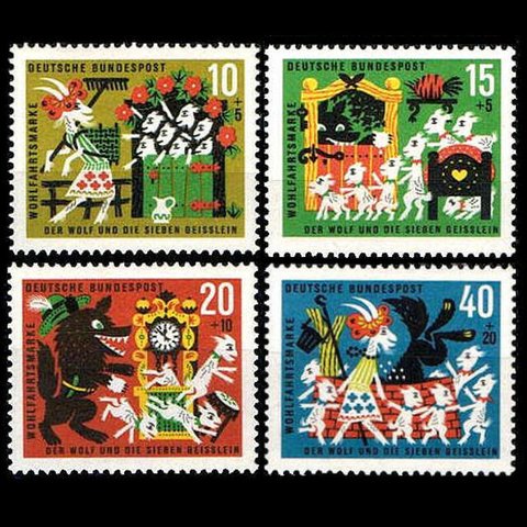狼と7匹の子ヤギ ドイツ 1963年 外国切手4種 未使用【童話切手 素材】