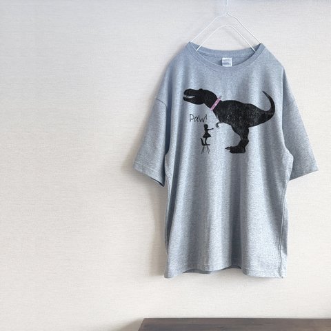 「お手」恐竜　Tシャツ（グレー）