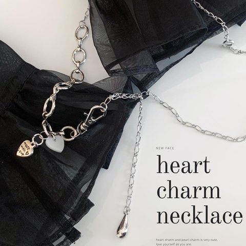 【heart charm necklace】ハートチャームとパールのシルバーチェーンネックレス