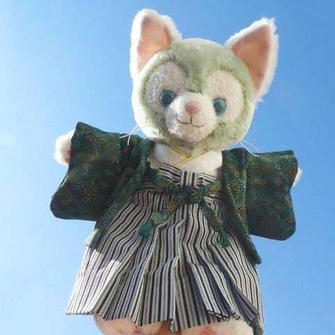 ぬいぐるみ服😸にゃんこの着物*深緑色のちりめん羽織 袴 着物セット　ヌイグルミ用和装コスチューム 　年賀状に☆