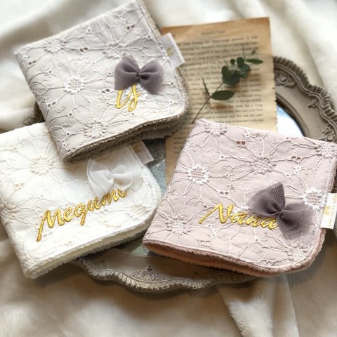 刺繍付き★マーガレットレースのタオルハンカチ★ハンドタオル★お名前刺繍★女の子★ママ