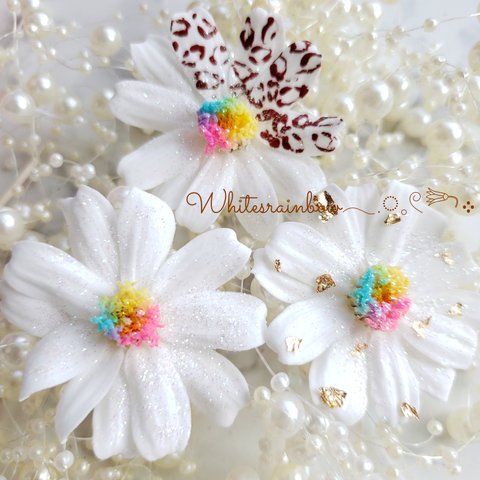 ホワイトレインボー*.❁ジニアアソート　花材　3輪　プリザーブドフラワー　　ジニア