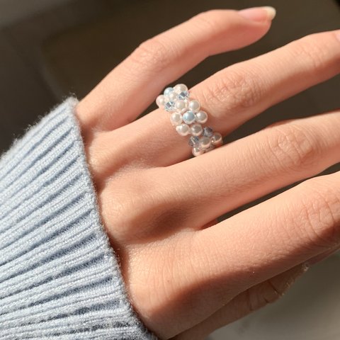 SWAROVSKI パール × アクアマリン ビーズリング⁎⋆*﻿