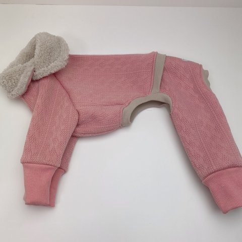 オーダー犬服 暖かボンディング縄編み柄 ロンパース ピンク