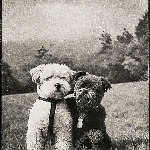 かわいい犬とかわいい犬のぬいぐるみの昔の懐かしい写真、レトロ、モノクロ、アート、古びた写真　conistock_81860