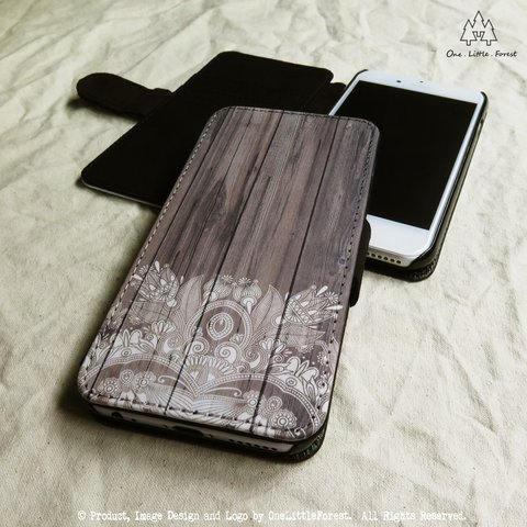 トライバル モチーフ ダーク ウッド 手帳型 iphone ケース [iPhone4/4s～iPhone8 , iPhone8 plus]★boho ボーホー ボヘミアン 木目調