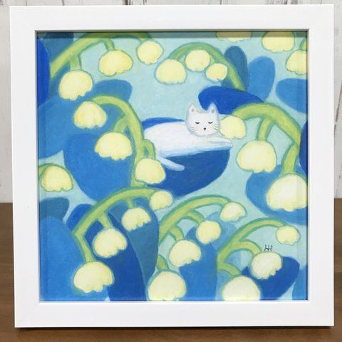 【正方形額入りイラスト】「すずらんベッド」インテリア☆ネコのイラスト