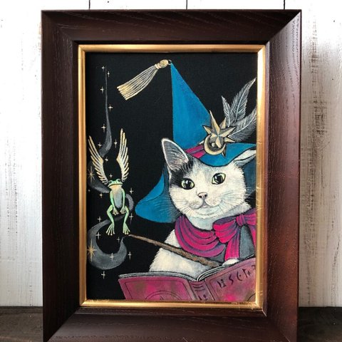 「白猫魔法使い」SMサイズ額付きアート作品 アクリル画原画  猫 徳島洋子作品 ★ 星月猫