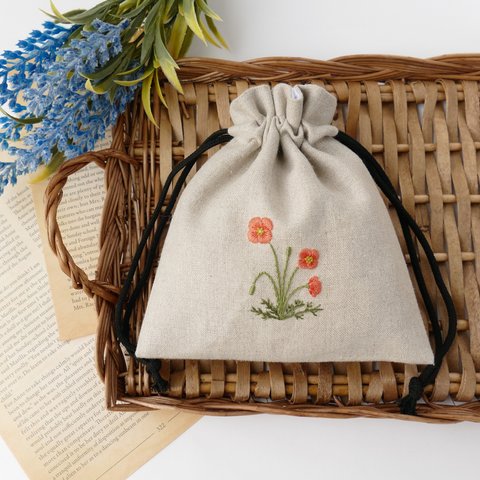 《名入れ》ポピー＊リネンの手刺繍巾着ポーチ