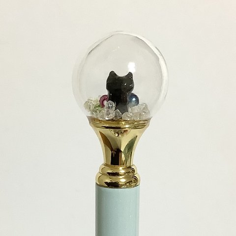 黒猫★ガラスドーム付きボールペン☆ブルー☆ケース＆袋付き