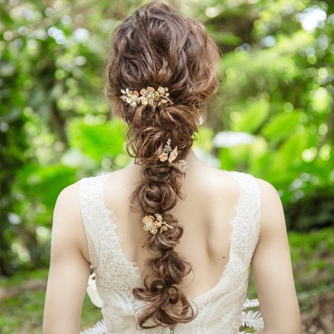 ゴールドフラワー＆リーフモチーフのヘッドドレス セット ヘアアクセサリー ヘッドアクセサリー ブライダルアクセサリー 結婚式に