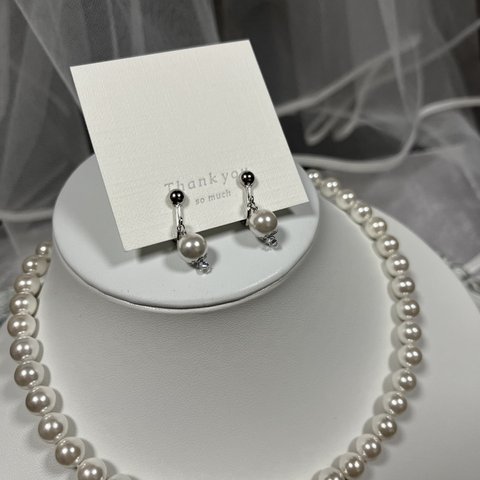 ブライダルアクセサリー/ネックレス＆イヤリングセット/formal shell accessory/8ミリ玉シェルパールネックレス＆イヤリング/特別価格/イヤリング両耳用