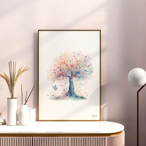 虹色に輝く木　A4ポスター｜水彩画・おしゃれ・シンプル・アート・メルヘン・虹・鳥・木・レインボー・フラワー・自然