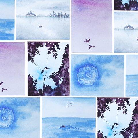 オリジナル手描き水彩画ポストカード 白鳥/鷹/クラゲ/林中の鳥/イルカ
