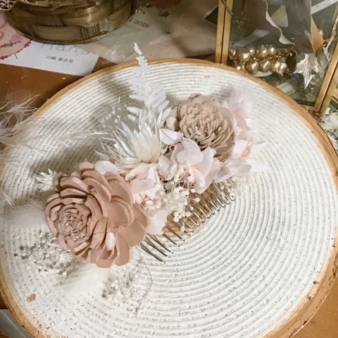 入学式にも活躍★もふもふヘッドアクセサリーコームタイプ★shabby pink White★ bridalからお子様の入学式まで❤︎