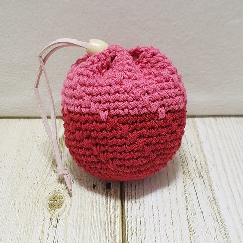 ミニまんまる巾着　赤×ピンク　コットン糸　丸