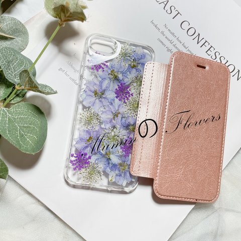 全機種対応･.｡*･:iPhone 手帳型押し花ケース☆花柄☆スマホケースiPhone7/8☆iPhoneSE3☆iPhone13･.｡*･: