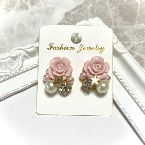 handmade ピンク薔薇のビジューピアス