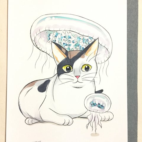 A4原画（124）猫とクラゲのイラスト③ 絵 絵画 アート 手描き イラスト