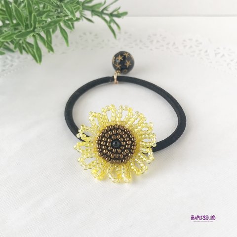 【再販】ビーズ刺繍　ヘアゴム　ひまわり(丸小ビーズ)