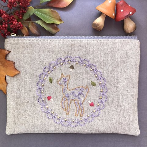 【手刺繍】秋色🍂子鹿ちゃんポーチ♪