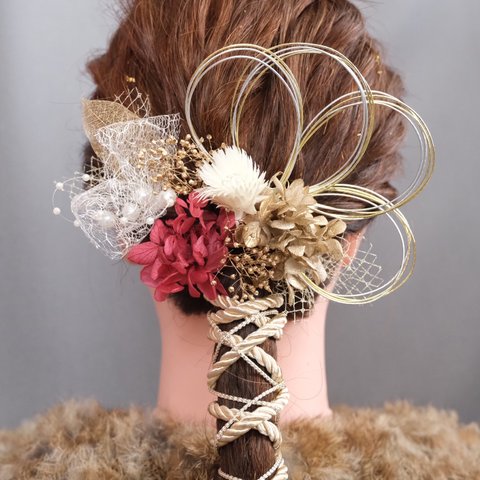 レッドゴールド　成人式　髪飾り　ドライフラワー⭐︎ゴージャスゴールドレッド⭐︎結婚式　プリザーブドフラワー　卒業式　袴