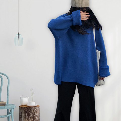 ブルー 手編み モヘア ウール ハイネック セーター ニット フォマール 通勤 ゆったり 柔らかい