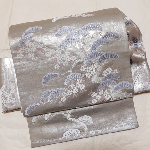 ワンタッチ帯　くらわん帯　正絹袋帯リメイク　銀糸松桜文様　作り帯　