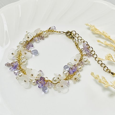 パープルのお花のブレスレット　〈サージカルステンレス〉