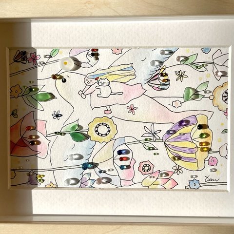 【 花の街まで 】シーグラスアート　原画　イラスト　猫　一点物　プレゼント