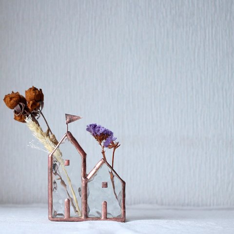 小さな小さなお家の花器 2棟  アンティーク銅色