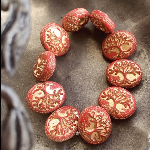 【2コセット】JIRI＊IVANA#czech beads#チェコビーズ　tree of life生命の樹oval18✖️14㍉　red/bronze