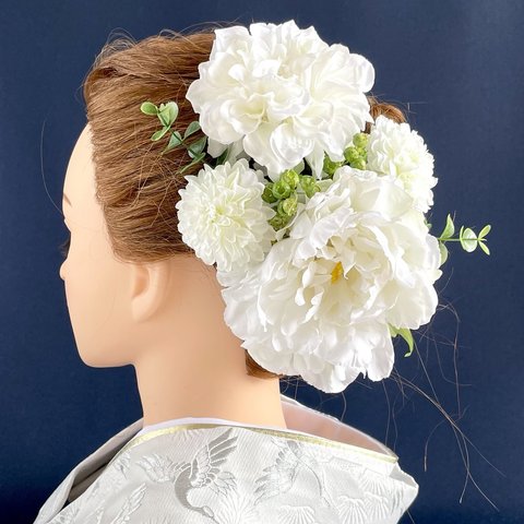 白い髪飾り 芍薬とダリア 結婚式や成人式に 和風 和装 アーティフィシャルフラワー