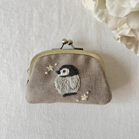 ミニがま口　ペンギン刺繍　モカ