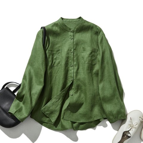 清潔感ある大人のリネンシャツ　リネン100％　長袖　緑色　240316-3