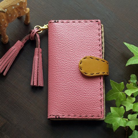 Tassel strap◆【iphone全機種対応】◆スイートピンク◆牛革レザー手帳型iPhoneケース 