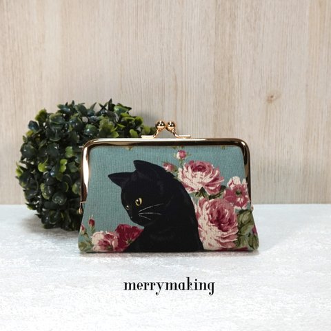 黒猫と薔薇のがま口カードケース/グリーン