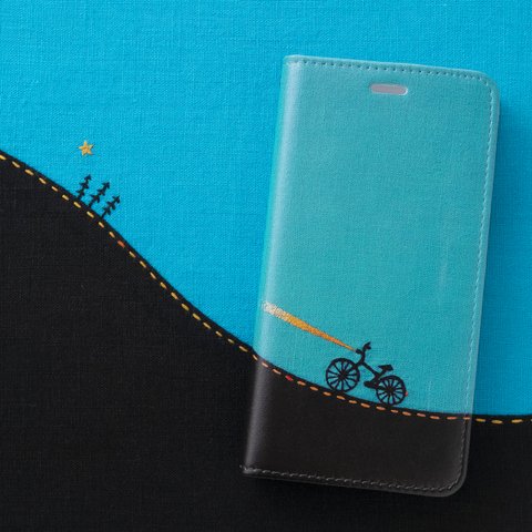 夜をゆく自転車　手帳型スマホケース ベルトなし 　✶ 春 星 夜空 ブルー SE3 SE2 iPhone15 ✶