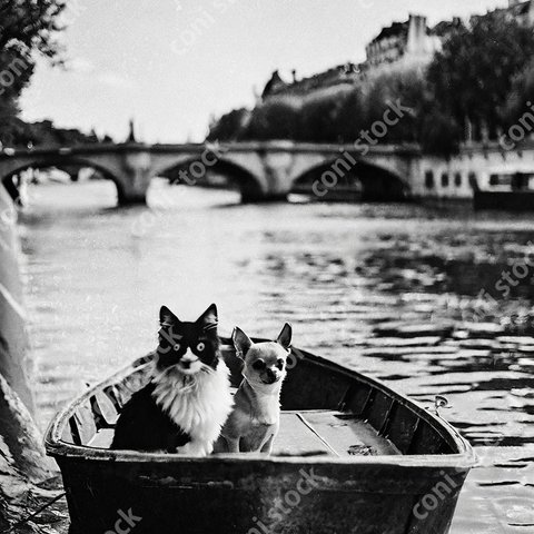 チワワと猫が船に乗っている昔の写真、レトロ、モノクロ、アート、古びた写真　conistock_63149_02