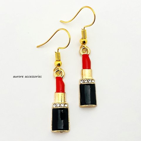 lipstick pierced earrings　リップスティック　口紅　レッド　赤　ブラック　ブラック　黒