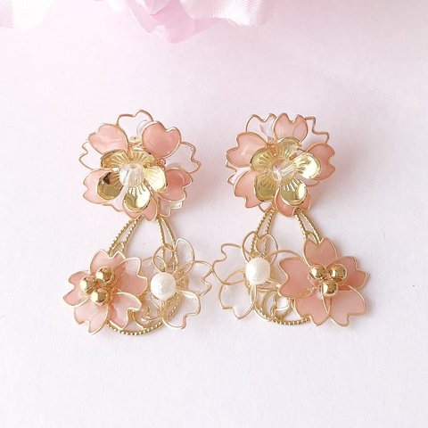 [5]2way桜揺れる華やか可愛いお花ピアス/イヤリング ピンクベージュ さくら サクラ 春 花見