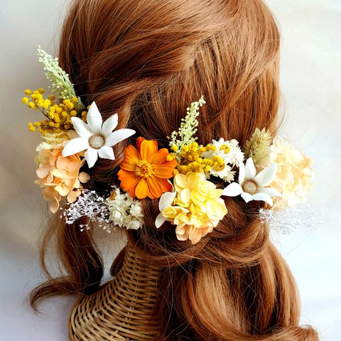 オレンジ ジニア フランネル　ミモザ　ナチュラル　ドライフラワー　髪飾り　結婚式　成人式　卒業式