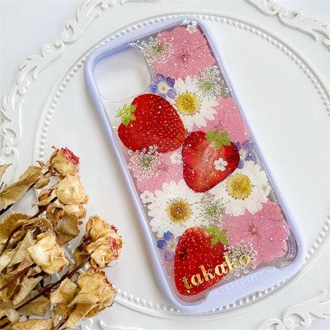 いちごのiFace風押し花スマホケース、iPhoneのみ対応、手帳型、iPhone15、iPhone15 Pro、iPhone15plus、iPhone14、iPhone14 plus、iPhone8