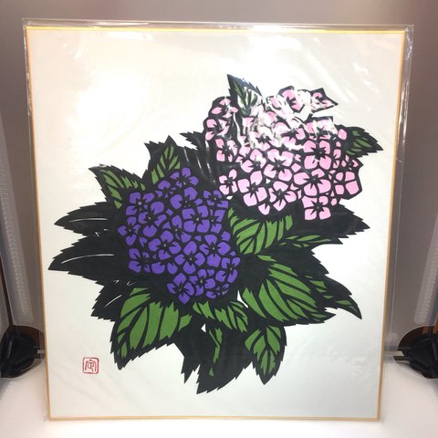 【切り絵】紫陽花の色紙 梅雨の季節に気分を明るく♪