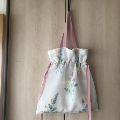 野の花刺繍オーガンジーの巾着バッグ