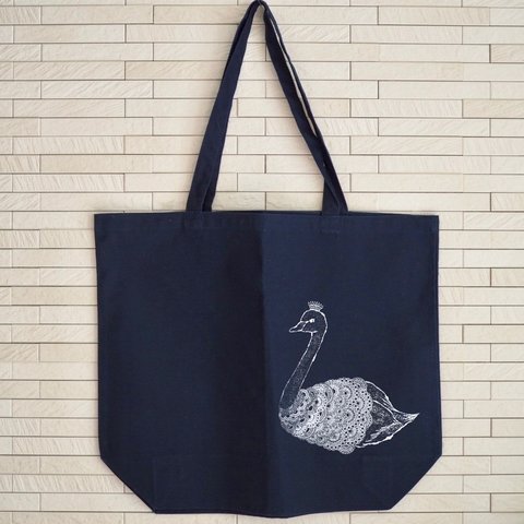 SALE! 両面プリントBIG BAG  白鳥の親子- NAVY