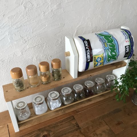 コストコサイズ 2段kitchen paper shelf long  白×茶 キッチンペーパー スパイスラック