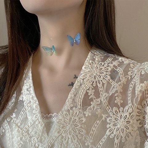 【限定セール￥399】韓国ファッション　蝶々のワイヤーチョーカー　グリーン　ネックレス　アクセサリー　-2704