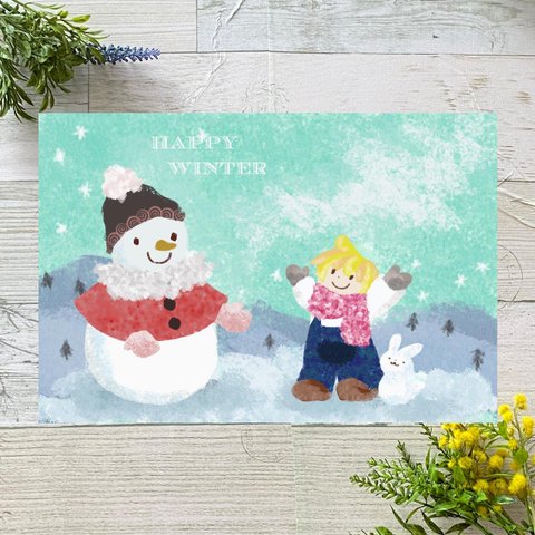 雪だるまと過ごす冬　イラストポストカード2枚セット